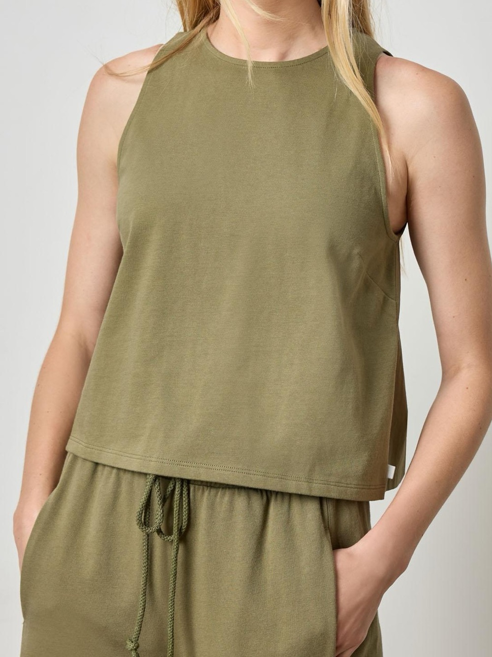 Lilla P Mixed Media Cotton tank in Olive Green